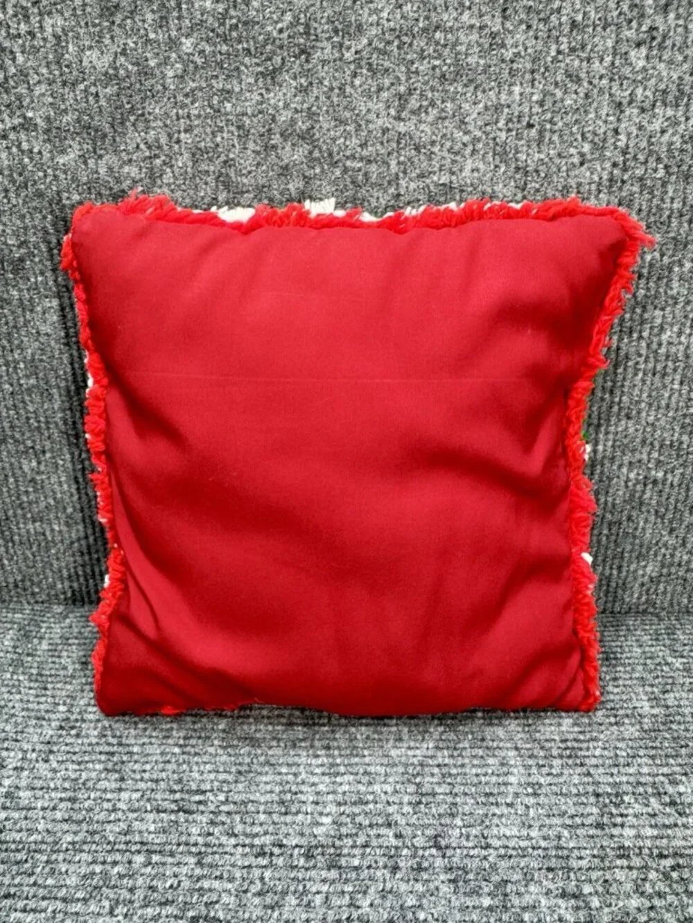 Vintage Snowman Latch Hook Throw Pillow Red Christmas 13” x 13” Square Handmade